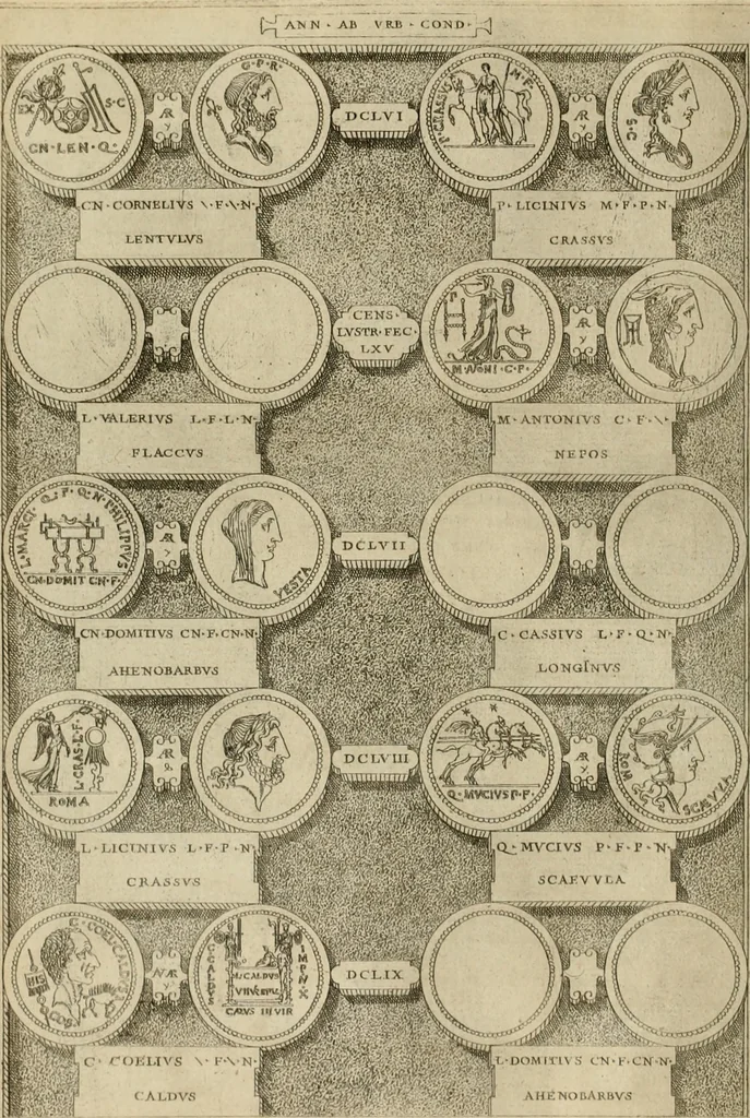 An illustration from Fastos magistratvvm et trivmphorvm Romanorvm ab vrbe condita ad Avgvsti obitvm, ex antiqvis tam nvmismatvm qvam marmorvm monvmentis restitvtos, 1566, leaf 189
