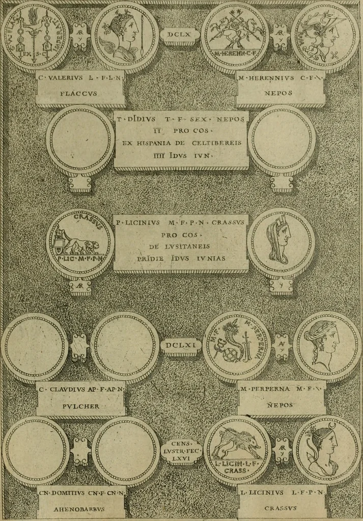 An illustration from Fastos magistratvvm et trivmphorvm Romanorvm ab vrbe condita ad Avgvsti obitvm, ex antiqvis tam nvmismatvm qvam marmorvm monvmentis restitvtos, 1566, leaf 190