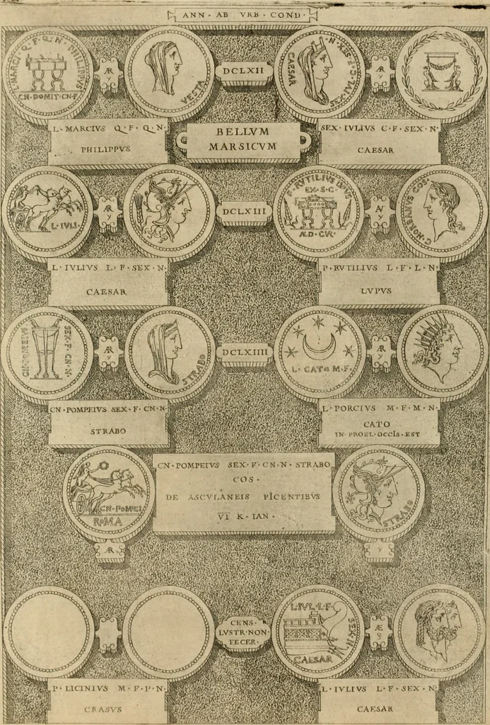 An illustration from Fastos magistratvvm et trivmphorvm Romanorvm ab vrbe condita ad Avgvsti obitvm, ex antiqvis tam nvmismatvm qvam marmorvm monvmentis restitvtos, 1566, leaf 191