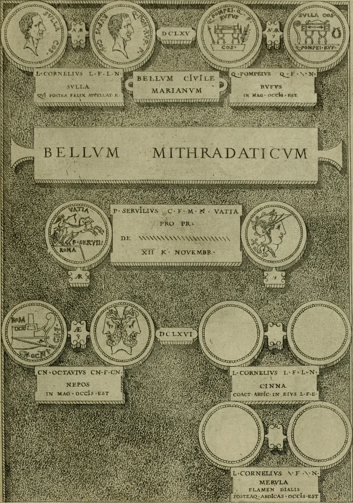 An illustration from Fastos magistratvvm et trivmphorvm Romanorvm ab vrbe condita ad Avgvsti obitvm, ex antiqvis tam nvmismatvm qvam marmorvm monvmentis restitvtos, 1566, leaf 192