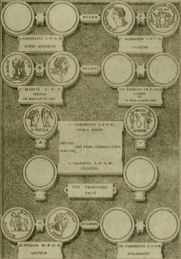 An illustration from Fastos magistratvvm et trivmphorvm Romanorvm ab vrbe condita ad Avgvsti obitvm, ex antiqvis tam nvmismatvm qvam marmorvm monvmentis restitvtos, 1566, leaf 194