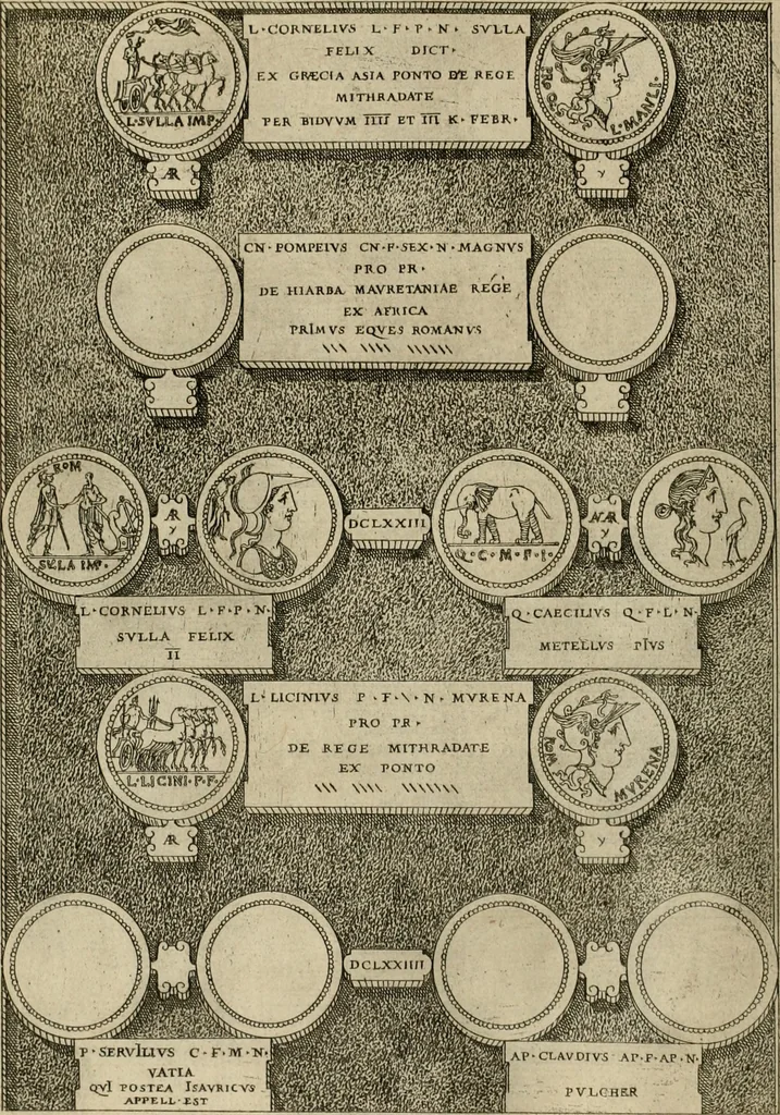 An illustration from Fastos magistratvvm et trivmphorvm Romanorvm ab vrbe condita ad Avgvsti obitvm, ex antiqvis tam nvmismatvm qvam marmorvm monvmentis restitvtos, 1566, leaf 195