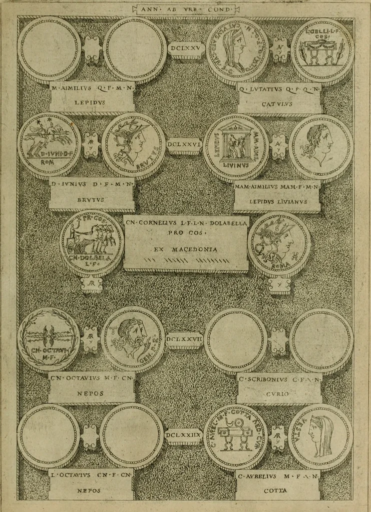 An illustration from Fastos magistratvvm et trivmphorvm Romanorvm ab vrbe condita ad Avgvsti obitvm, ex antiqvis tam nvmismatvm qvam marmorvm monvmentis restitvtos, 1566, leaf 196