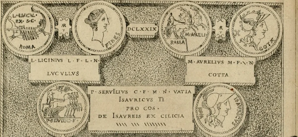 An illustration from Fastos magistratvvm et trivmphorvm Romanorvm ab vrbe condita ad Avgvsti obitvm, ex antiqvis tam nvmismatvm qvam marmorvm monvmentis restitvtos, 1566, leaf 197