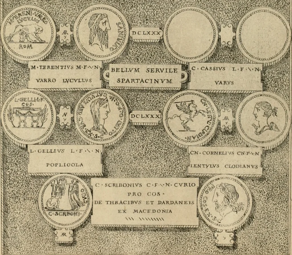 An illustration from Fastos magistratvvm et trivmphorvm Romanorvm ab vrbe condita ad Avgvsti obitvm, ex antiqvis tam nvmismatvm qvam marmorvm monvmentis restitvtos, 1566, leaf 197