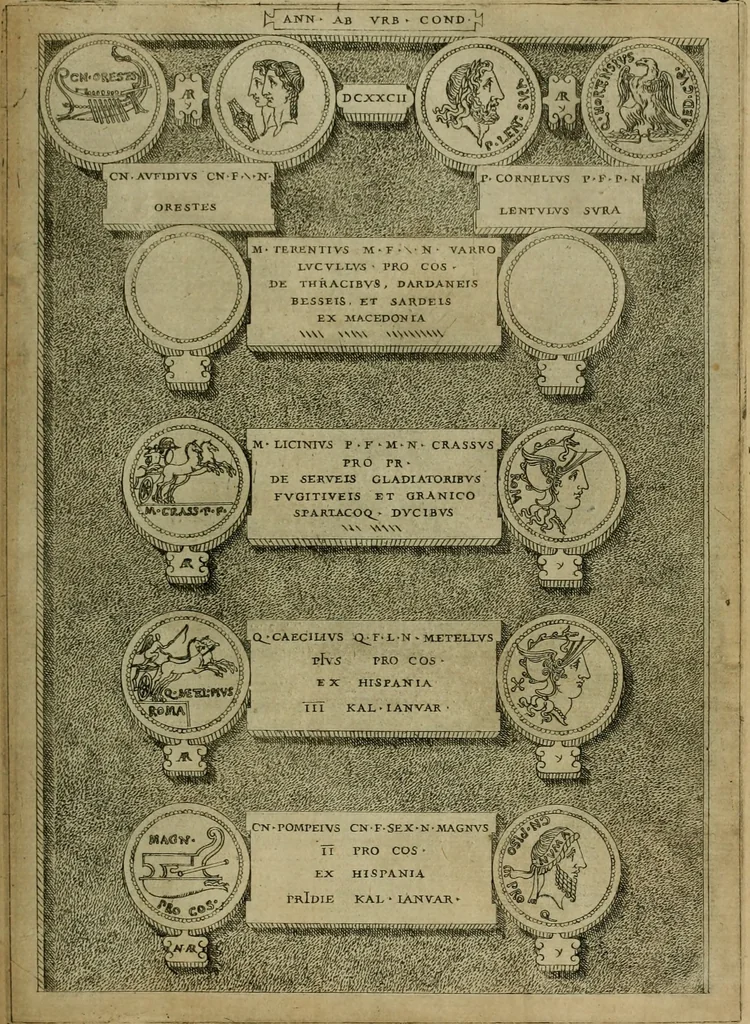 An illustration from Fastos magistratvvm et trivmphorvm Romanorvm ab vrbe condita ad Avgvsti obitvm, ex antiqvis tam nvmismatvm qvam marmorvm monvmentis restitvtos, 1566, leaf 198
