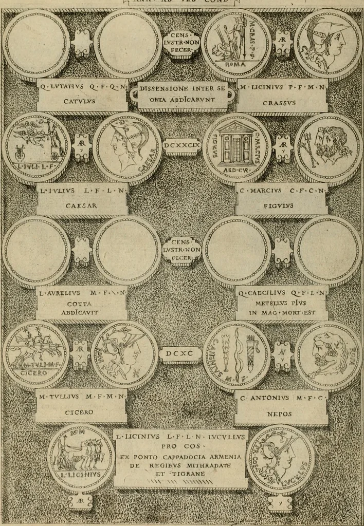An illustration from Fastos magistratvvm et trivmphorvm Romanorvm ab vrbe condita ad Avgvsti obitvm, ex antiqvis tam nvmismatvm qvam marmorvm monvmentis restitvtos, 1566, leaf 201