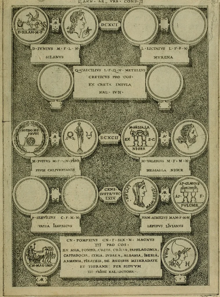 An illustration from Fastos magistratvvm et trivmphorvm Romanorvm ab vrbe condita ad Avgvsti obitvm, ex antiqvis tam nvmismatvm qvam marmorvm monvmentis restitvtos, 1566, leaf 202
