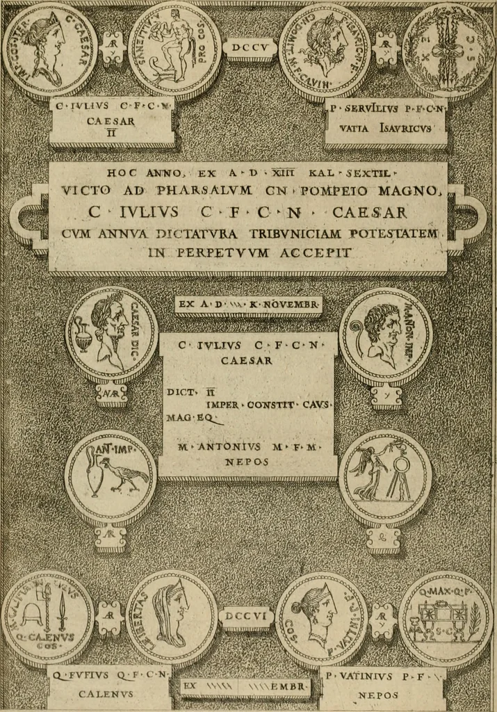 An illustration from Fastos magistratvvm et trivmphorvm Romanorvm ab vrbe condita ad Avgvsti obitvm, ex antiqvis tam nvmismatvm qvam marmorvm monvmentis restitvtos, 1566, leaf 207