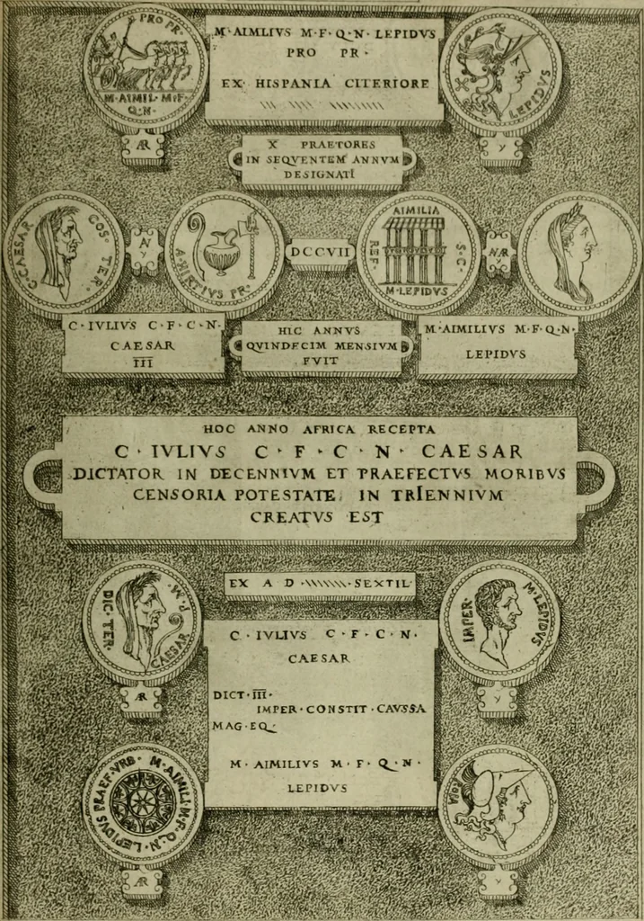 An illustration from Fastos magistratvvm et trivmphorvm Romanorvm ab vrbe condita ad Avgvsti obitvm, ex antiqvis tam nvmismatvm qvam marmorvm monvmentis restitvtos, 1566, leaf 208
