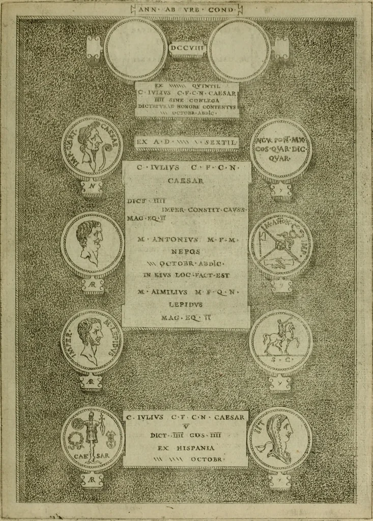 An illustration from Fastos magistratvvm et trivmphorvm Romanorvm ab vrbe condita ad Avgvsti obitvm, ex antiqvis tam nvmismatvm qvam marmorvm monvmentis restitvtos, 1566, leaf 210