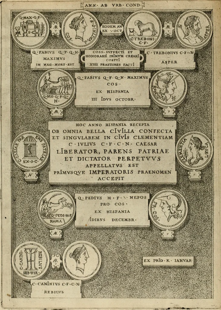 An illustration from Fastos magistratvvm et trivmphorvm Romanorvm ab vrbe condita ad Avgvsti obitvm, ex antiqvis tam nvmismatvm qvam marmorvm monvmentis restitvtos, 1566, leaf 211