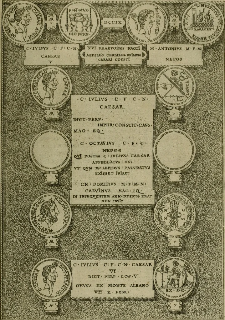 An illustration from Fastos magistratvvm et trivmphorvm Romanorvm ab vrbe condita ad Avgvsti obitvm, ex antiqvis tam nvmismatvm qvam marmorvm monvmentis restitvtos, 1566, leaf 212