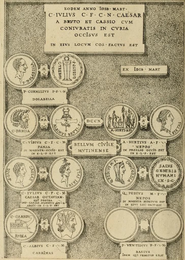 An illustration from Fastos magistratvvm et trivmphorvm Romanorvm ab vrbe condita ad Avgvsti obitvm, ex antiqvis tam nvmismatvm qvam marmorvm monvmentis restitvtos, 1566, leaf 213