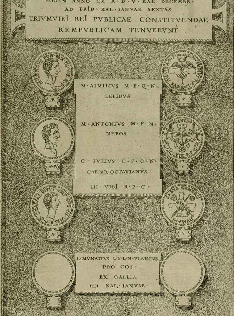 An illustration from Fastos magistratvvm et trivmphorvm Romanorvm ab vrbe condita ad Avgvsti obitvm, ex antiqvis tam nvmismatvm qvam marmorvm monvmentis restitvtos, 1566, leaf 214