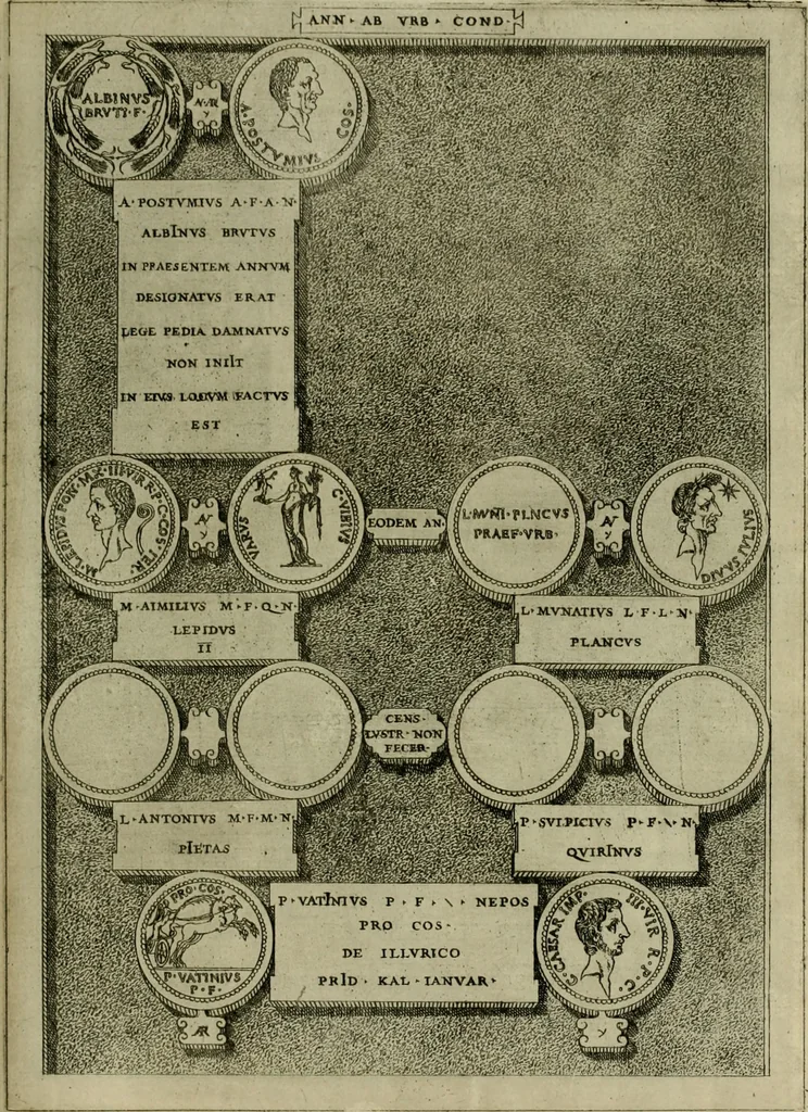 An illustration from Fastos magistratvvm et trivmphorvm Romanorvm ab vrbe condita ad Avgvsti obitvm, ex antiqvis tam nvmismatvm qvam marmorvm monvmentis restitvtos, 1566, leaf 216