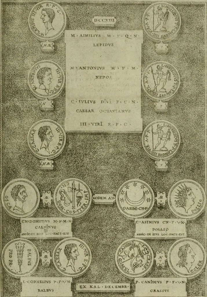 An illustration from Fastos magistratvvm et trivmphorvm Romanorvm ab vrbe condita ad Avgvsti obitvm, ex antiqvis tam nvmismatvm qvam marmorvm monvmentis restitvtos, 1566, leaf 218