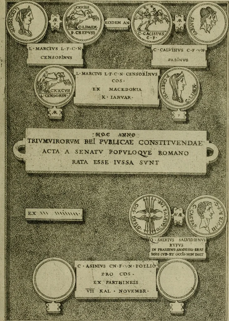 An illustration from Fastos magistratvvm et trivmphorvm Romanorvm ab vrbe condita ad Avgvsti obitvm, ex antiqvis tam nvmismatvm qvam marmorvm monvmentis restitvtos, 1566, leaf 220