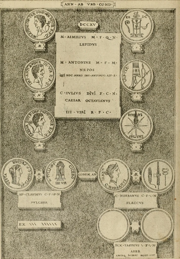 An illustration from Fastos magistratvvm et trivmphorvm Romanorvm ab vrbe condita ad Avgvsti obitvm, ex antiqvis tam nvmismatvm qvam marmorvm monvmentis restitvtos, 1566, leaf 221
