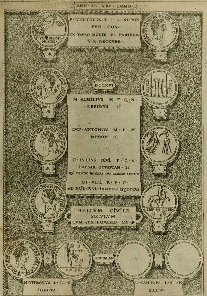 An illustration from Fastos magistratvvm et trivmphorvm Romanorvm ab vrbe condita ad Avgvsti obitvm, ex antiqvis tam nvmismatvm qvam marmorvm monvmentis restitvtos, 1566, leaf 222