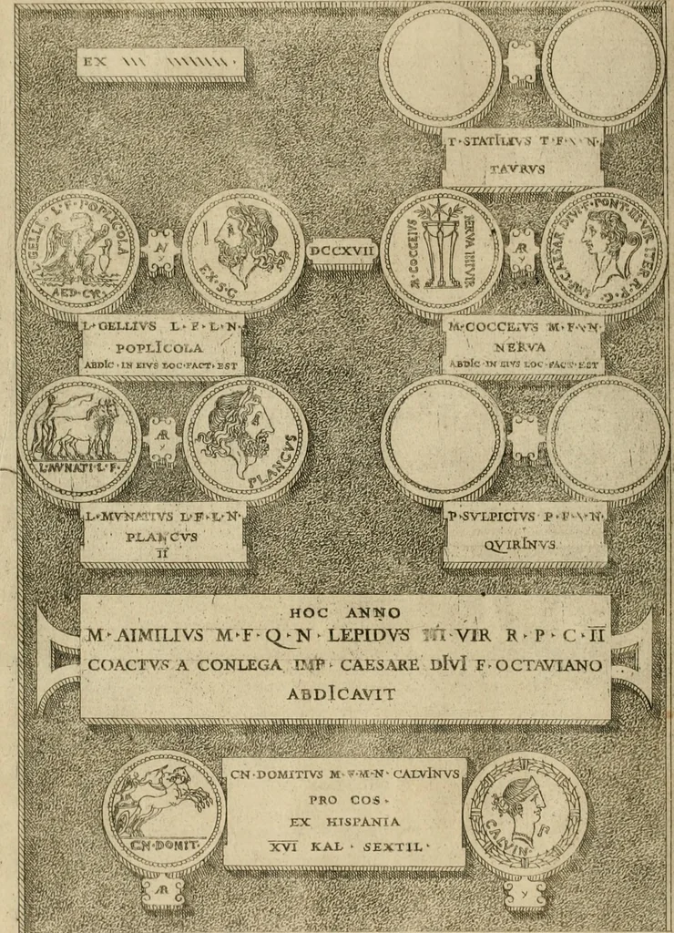 An illustration from Fastos magistratvvm et trivmphorvm Romanorvm ab vrbe condita ad Avgvsti obitvm, ex antiqvis tam nvmismatvm qvam marmorvm monvmentis restitvtos, 1566, leaf 223
