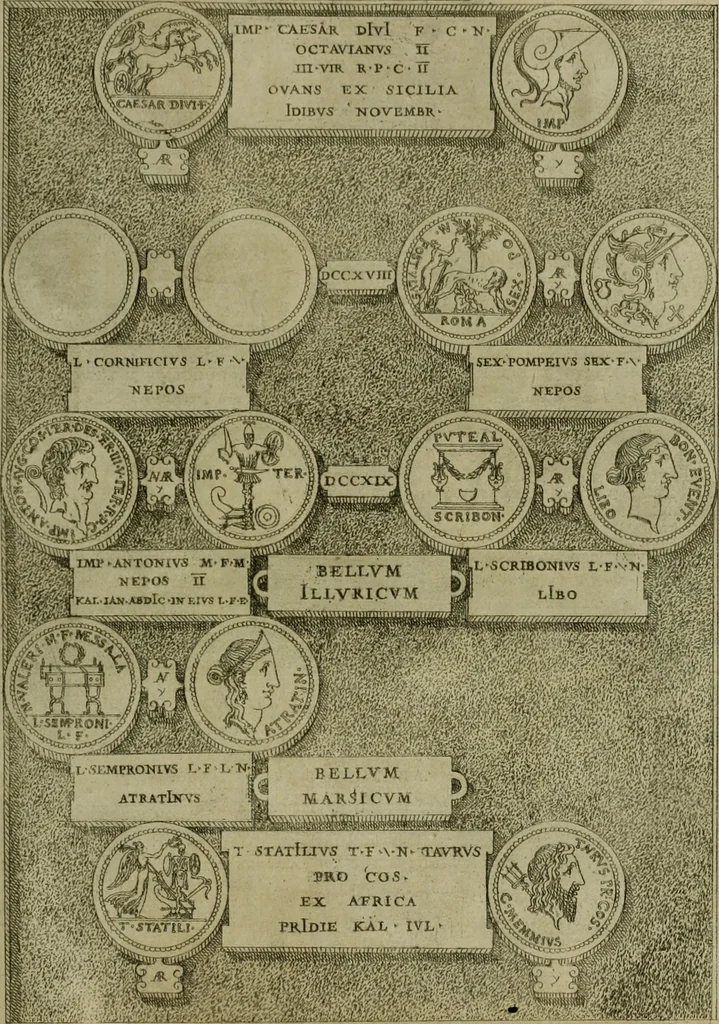 An illustration from Fastos magistratvvm et trivmphorvm Romanorvm ab vrbe condita ad Avgvsti obitvm, ex antiqvis tam nvmismatvm qvam marmorvm monvmentis restitvtos, 1566, leaf 224