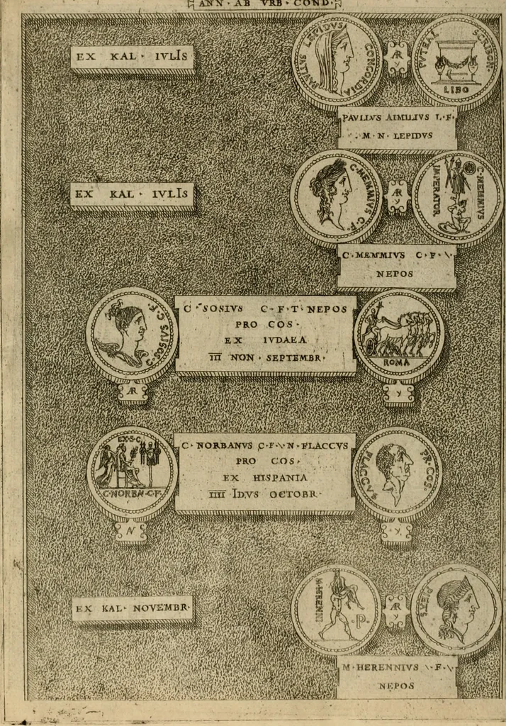 An illustration from Fastos magistratvvm et trivmphorvm Romanorvm ab vrbe condita ad Avgvsti obitvm, ex antiqvis tam nvmismatvm qvam marmorvm monvmentis restitvtos, 1566, leaf 225