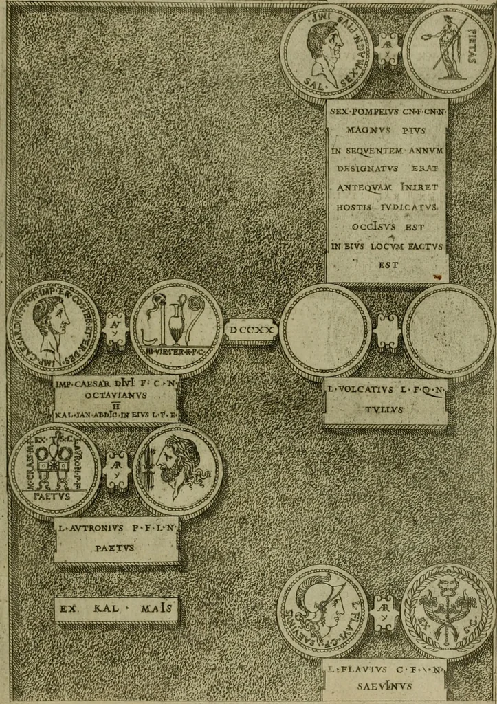 An illustration from Fastos magistratvvm et trivmphorvm Romanorvm ab vrbe condita ad Avgvsti obitvm, ex antiqvis tam nvmismatvm qvam marmorvm monvmentis restitvtos, 1566, leaf 226