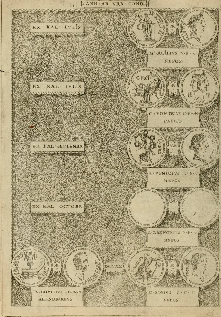 An illustration from Fastos magistratvvm et trivmphorvm Romanorvm ab vrbe condita ad Avgvsti obitvm, ex antiqvis tam nvmismatvm qvam marmorvm monvmentis restitvtos, 1566, leaf 227