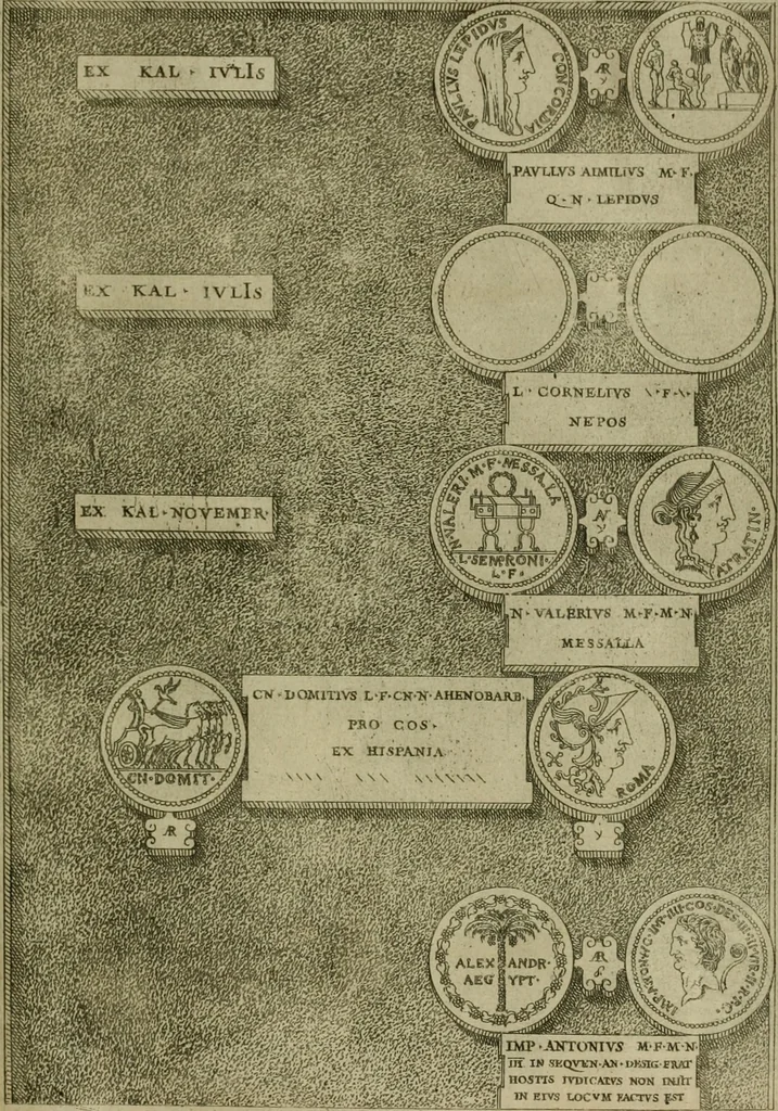 An illustration from Fastos magistratvvm et trivmphorvm Romanorvm ab vrbe condita ad Avgvsti obitvm, ex antiqvis tam nvmismatvm qvam marmorvm monvmentis restitvtos, 1566, leaf 228