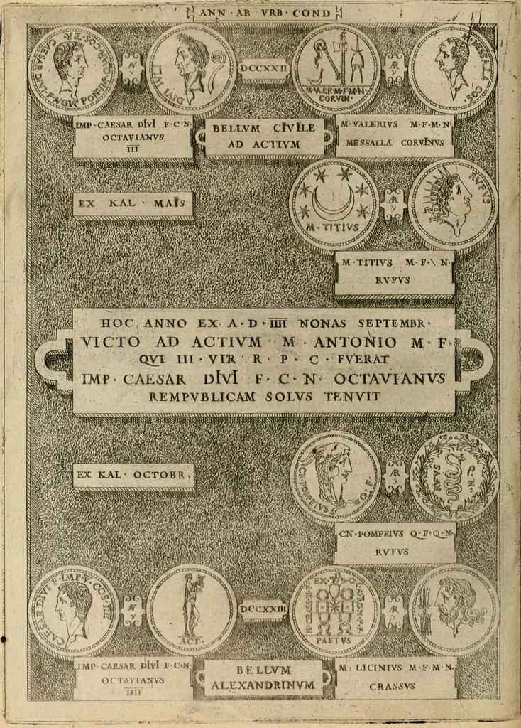 An illustration from Fastos magistratvvm et trivmphorvm Romanorvm ab vrbe condita ad Avgvsti obitvm, ex antiqvis tam nvmismatvm qvam marmorvm monvmentis restitvtos, 1566, leaf 229
