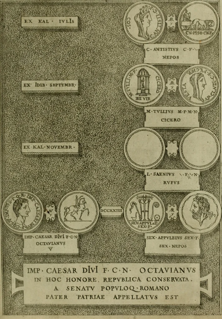 An illustration from Fastos magistratvvm et trivmphorvm Romanorvm ab vrbe condita ad Avgvsti obitvm, ex antiqvis tam nvmismatvm qvam marmorvm monvmentis restitvtos, 1566, leaf 230