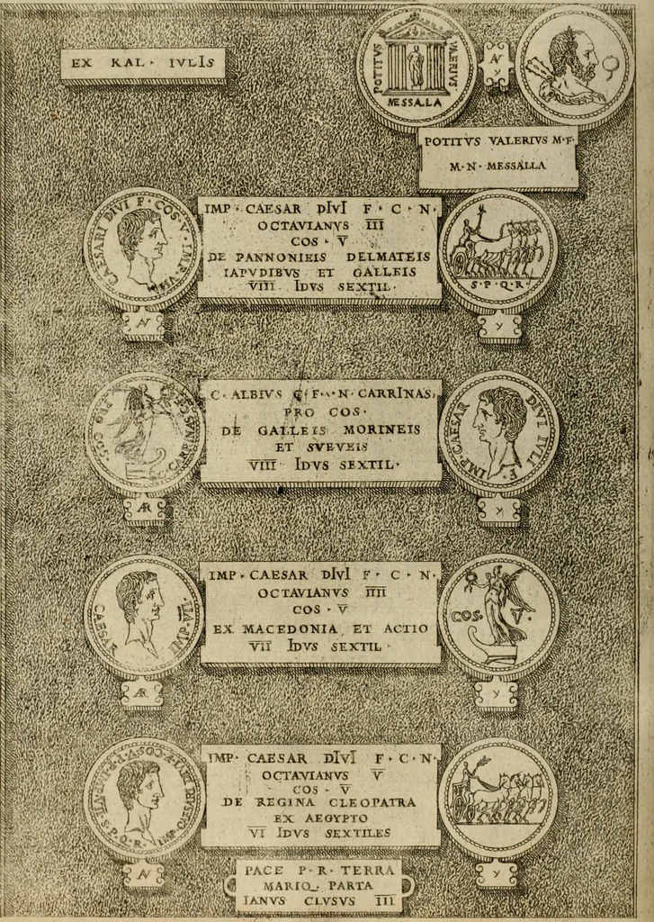 An illustration from Fastos magistratvvm et trivmphorvm Romanorvm ab vrbe condita ad Avgvsti obitvm, ex antiqvis tam nvmismatvm qvam marmorvm monvmentis restitvtos, 1566, leaf 231