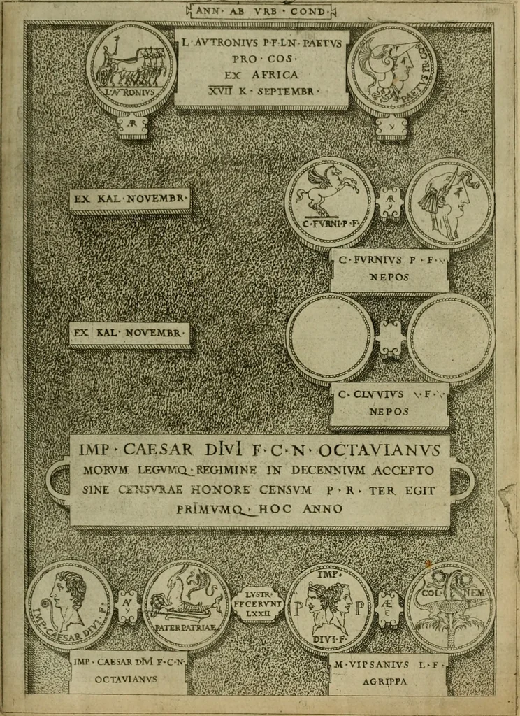 An illustration from Fastos magistratvvm et trivmphorvm Romanorvm ab vrbe condita ad Avgvsti obitvm, ex antiqvis tam nvmismatvm qvam marmorvm monvmentis restitvtos, 1566, leaf 232