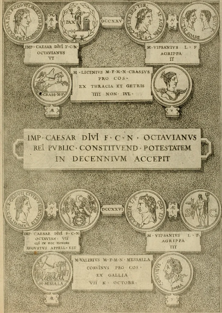 An illustration from Fastos magistratvvm et trivmphorvm Romanorvm ab vrbe condita ad Avgvsti obitvm, ex antiqvis tam nvmismatvm qvam marmorvm monvmentis restitvtos, 1566, leaf 233