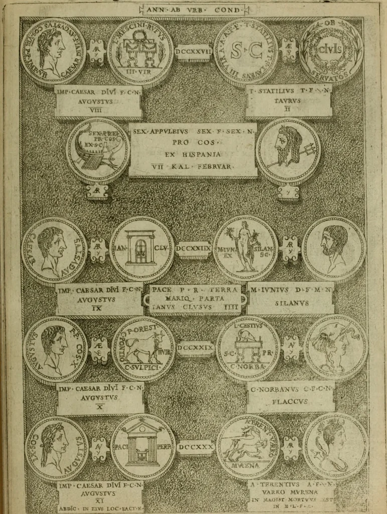 An illustration from Fastos magistratvvm et trivmphorvm Romanorvm ab vrbe condita ad Avgvsti obitvm, ex antiqvis tam nvmismatvm qvam marmorvm monvmentis restitvtos, 1566, leaf 234