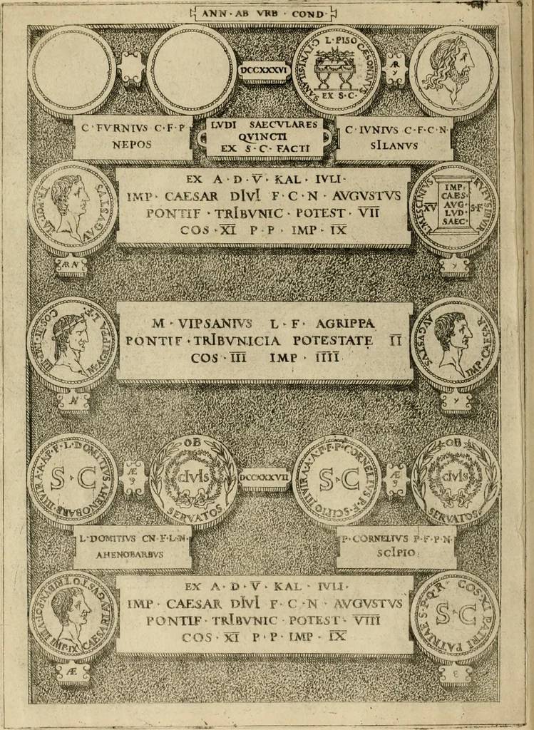 An illustration from Fastos magistratvvm et trivmphorvm Romanorvm ab vrbe condita ad Avgvsti obitvm, ex antiqvis tam nvmismatvm qvam marmorvm monvmentis restitvtos, 1566, leaf 239