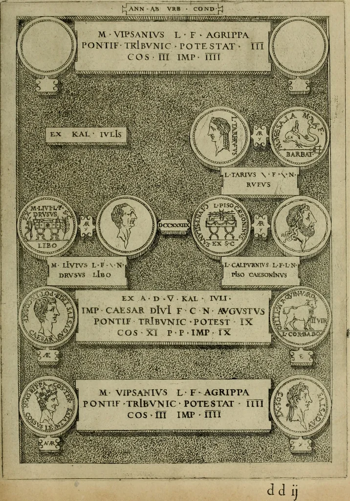 An illustration from Fastos magistratvvm et trivmphorvm Romanorvm ab vrbe condita ad Avgvsti obitvm, ex antiqvis tam nvmismatvm qvam marmorvm monvmentis restitvtos, 1566, leaf 240