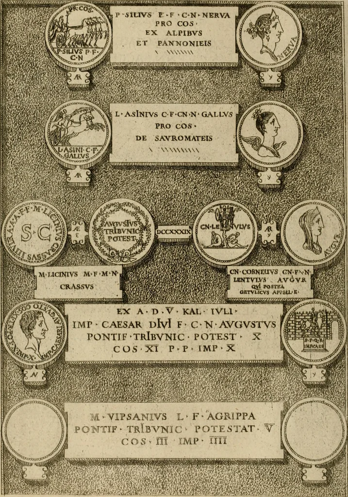 An illustration from Fastos magistratvvm et trivmphorvm Romanorvm ab vrbe condita ad Avgvsti obitvm, ex antiqvis tam nvmismatvm qvam marmorvm monvmentis restitvtos, 1566, leaf 241