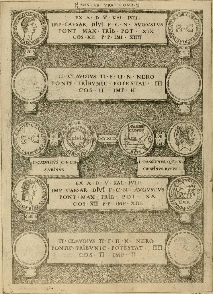 An illustration from Fastos magistratvvm et trivmphorvm Romanorvm ab vrbe condita ad Avgvsti obitvm, ex antiqvis tam nvmismatvm qvam marmorvm monvmentis restitvtos, 1566, leaf 249