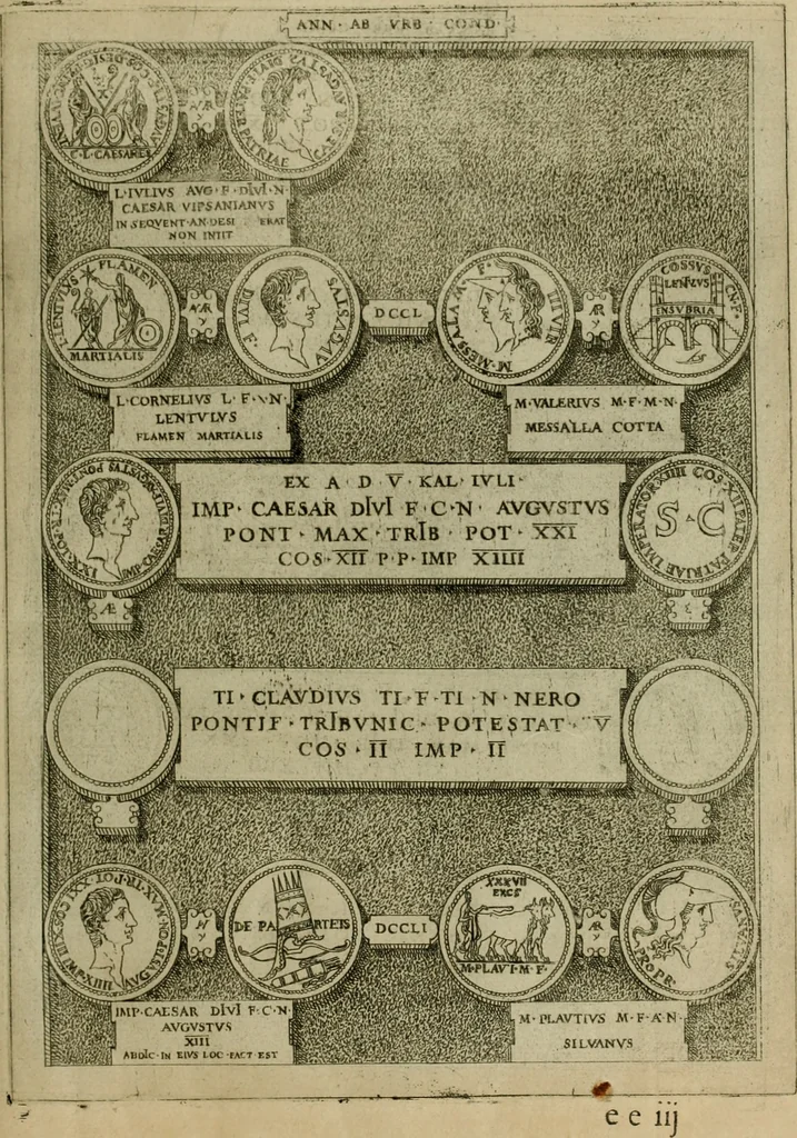 An illustration from Fastos magistratvvm et trivmphorvm Romanorvm ab vrbe condita ad Avgvsti obitvm, ex antiqvis tam nvmismatvm qvam marmorvm monvmentis restitvtos, 1566, leaf 250