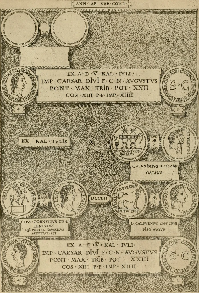 An illustration from Fastos magistratvvm et trivmphorvm Romanorvm ab vrbe condita ad Avgvsti obitvm, ex antiqvis tam nvmismatvm qvam marmorvm monvmentis restitvtos, 1566, leaf 251