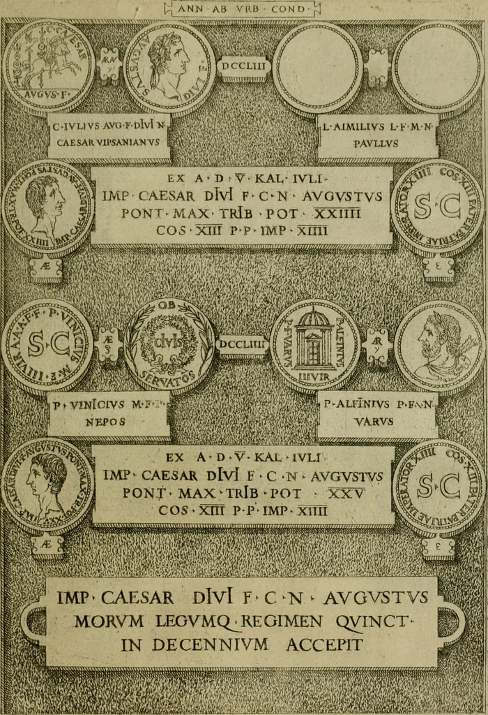 An illustration from Fastos magistratvvm et trivmphorvm Romanorvm ab vrbe condita ad Avgvsti obitvm, ex antiqvis tam nvmismatvm qvam marmorvm monvmentis restitvtos, 1566, leaf 252