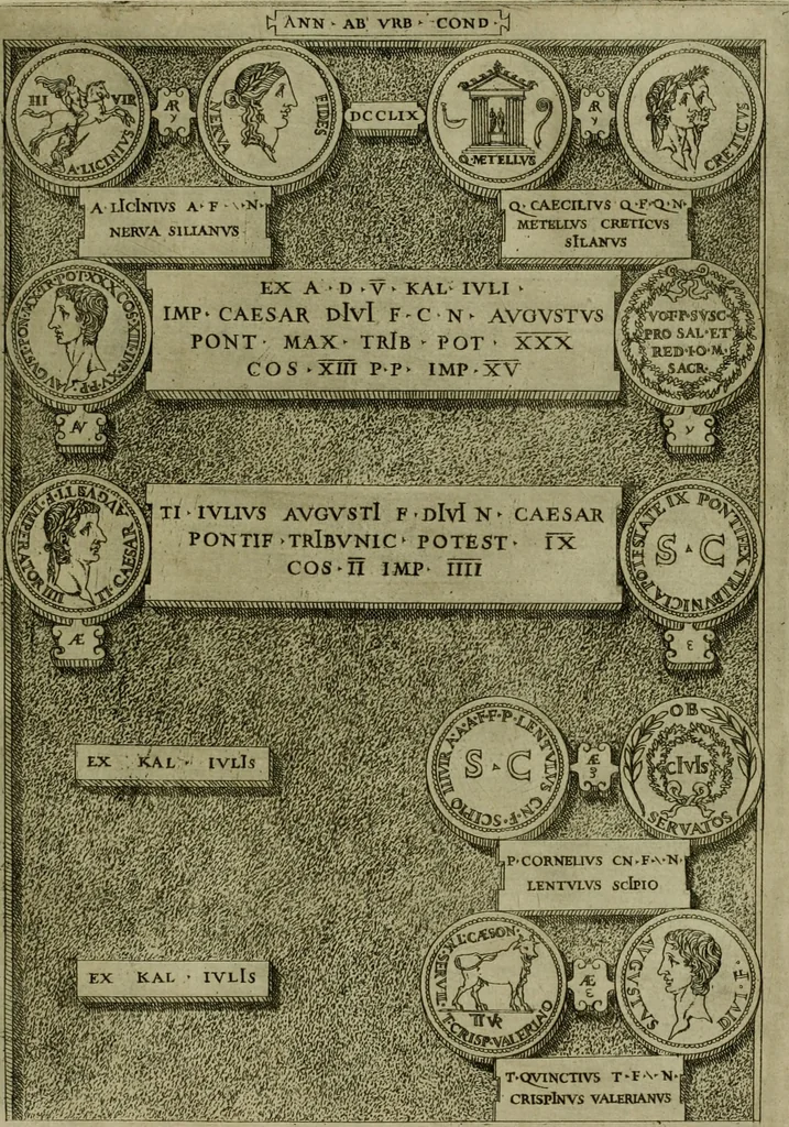 An illustration from Fastos magistratvvm et trivmphorvm Romanorvm ab vrbe condita ad Avgvsti obitvm, ex antiqvis tam nvmismatvm qvam marmorvm monvmentis restitvtos, 1566, leaf 256