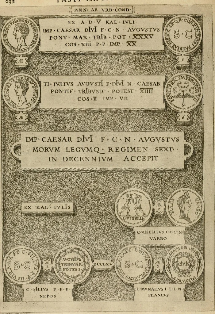 An illustration from Fastos magistratvvm et trivmphorvm Romanorvm ab vrbe condita ad Avgvsti obitvm, ex antiqvis tam nvmismatvm qvam marmorvm monvmentis restitvtos, 1566, leaf 261