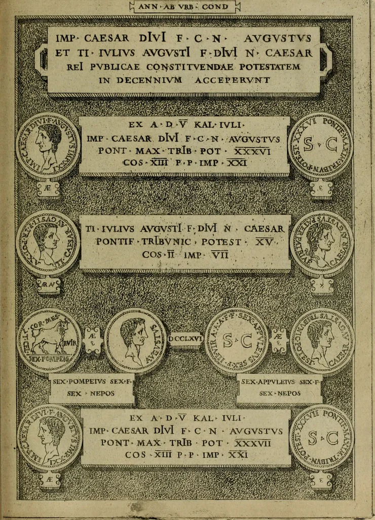 An illustration from Fastos magistratvvm et trivmphorvm Romanorvm ab vrbe condita ad Avgvsti obitvm, ex antiqvis tam nvmismatvm qvam marmorvm monvmentis restitvtos, 1566, leaf 262