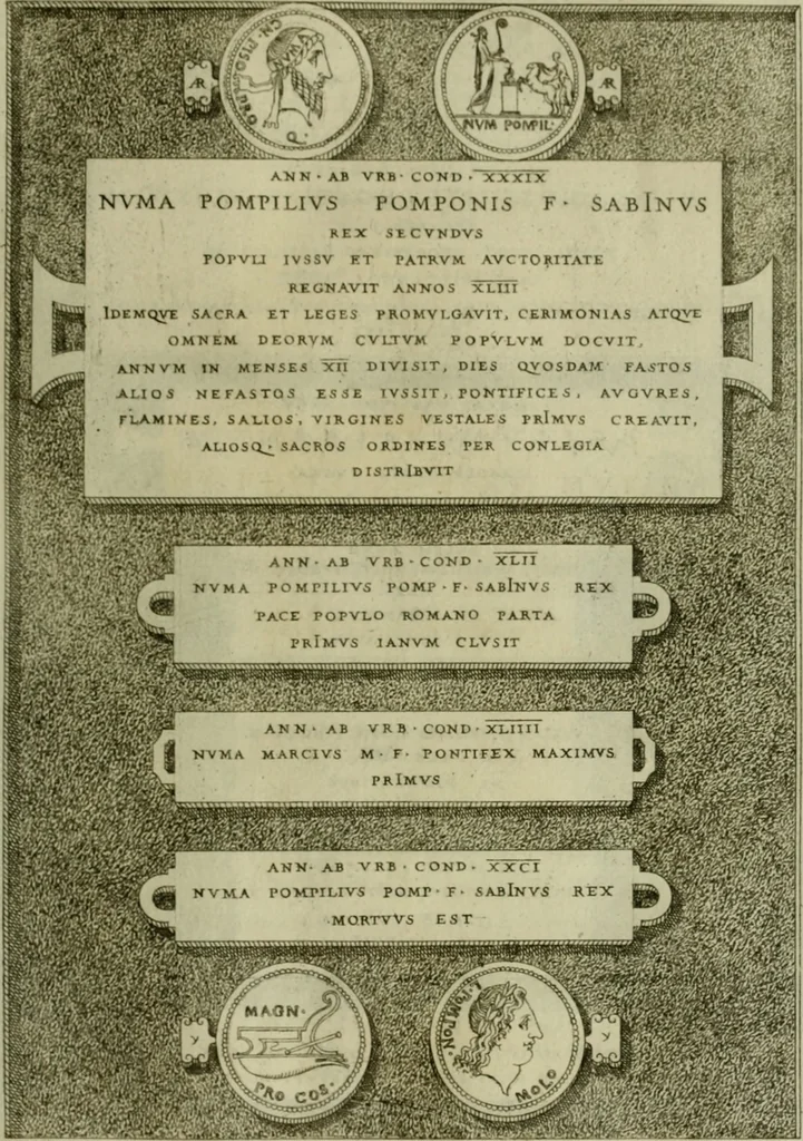 An illustration from Fastos magistratvvm et trivmphorvm Romanorvm ab vrbe condita ad Avgvsti obitvm, ex antiqvis tam nvmismatvm qvam marmorvm monvmentis restitvtos, 1566, leaf 32