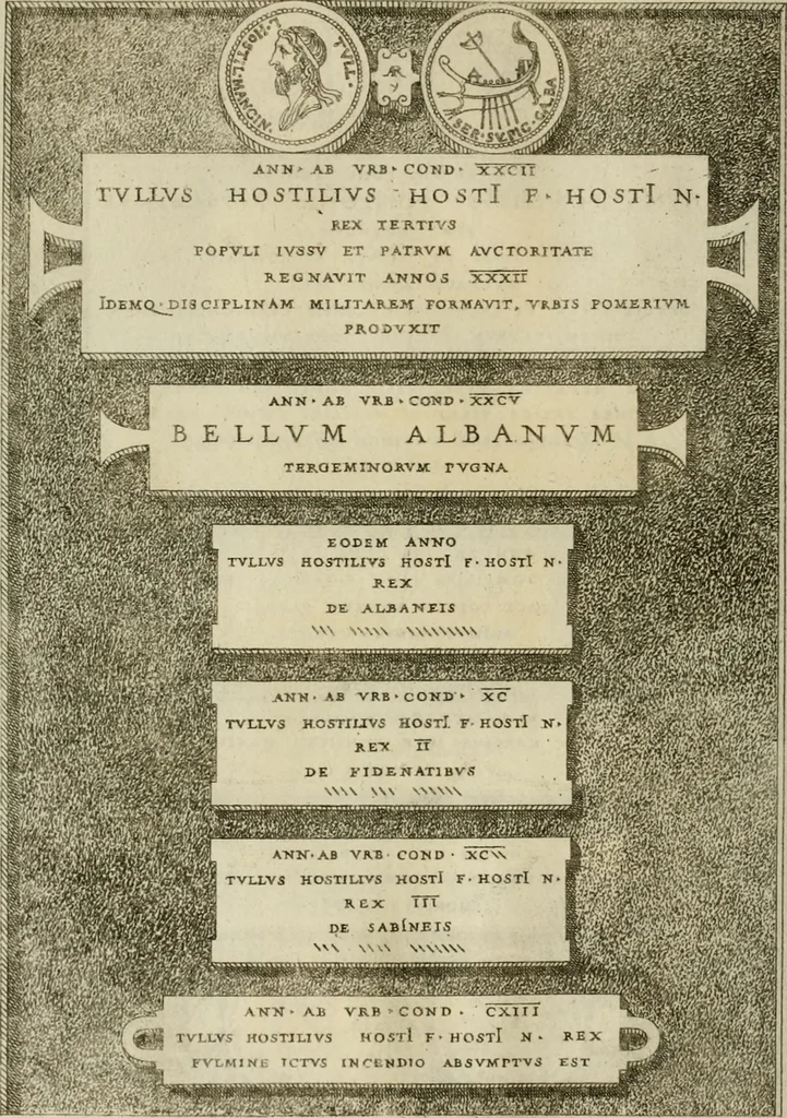 An illustration from Fastos magistratvvm et trivmphorvm Romanorvm ab vrbe condita ad Avgvsti obitvm, ex antiqvis tam nvmismatvm qvam marmorvm monvmentis restitvtos, 1566, leaf 33