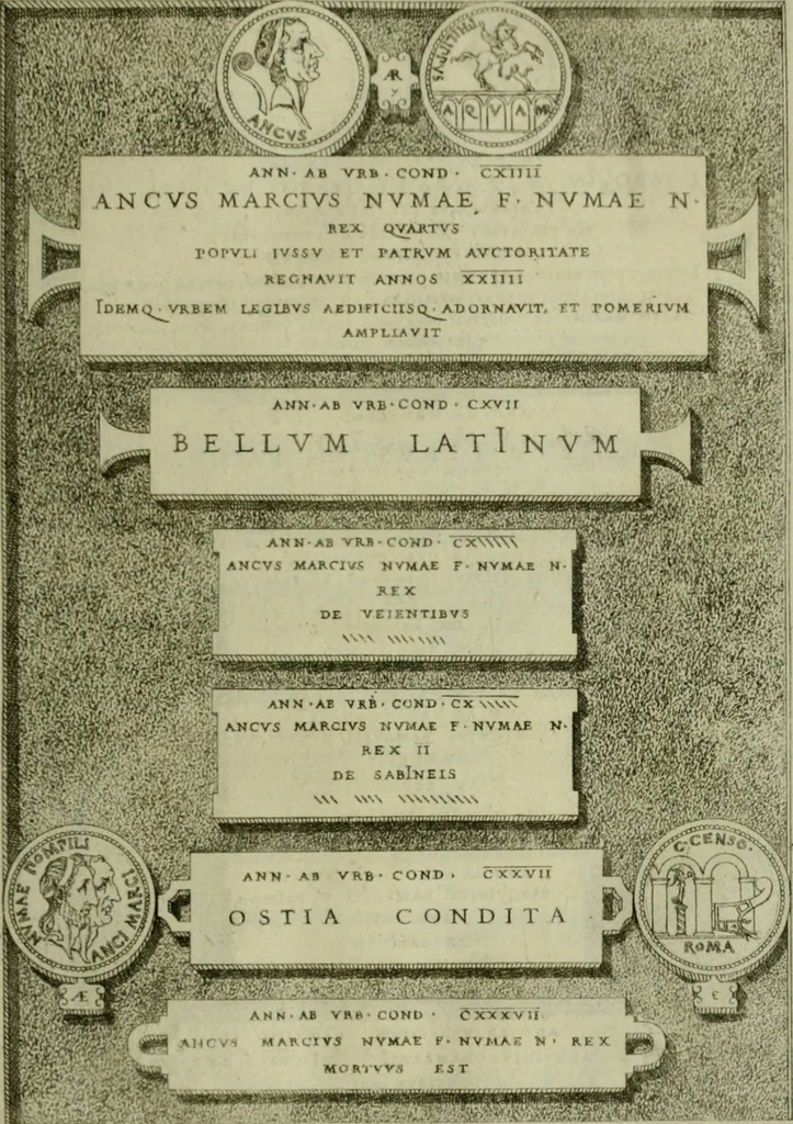 An illustration from Fastos magistratvvm et trivmphorvm Romanorvm ab vrbe condita ad Avgvsti obitvm, ex antiqvis tam nvmismatvm qvam marmorvm monvmentis restitvtos, 1566, leaf 34
