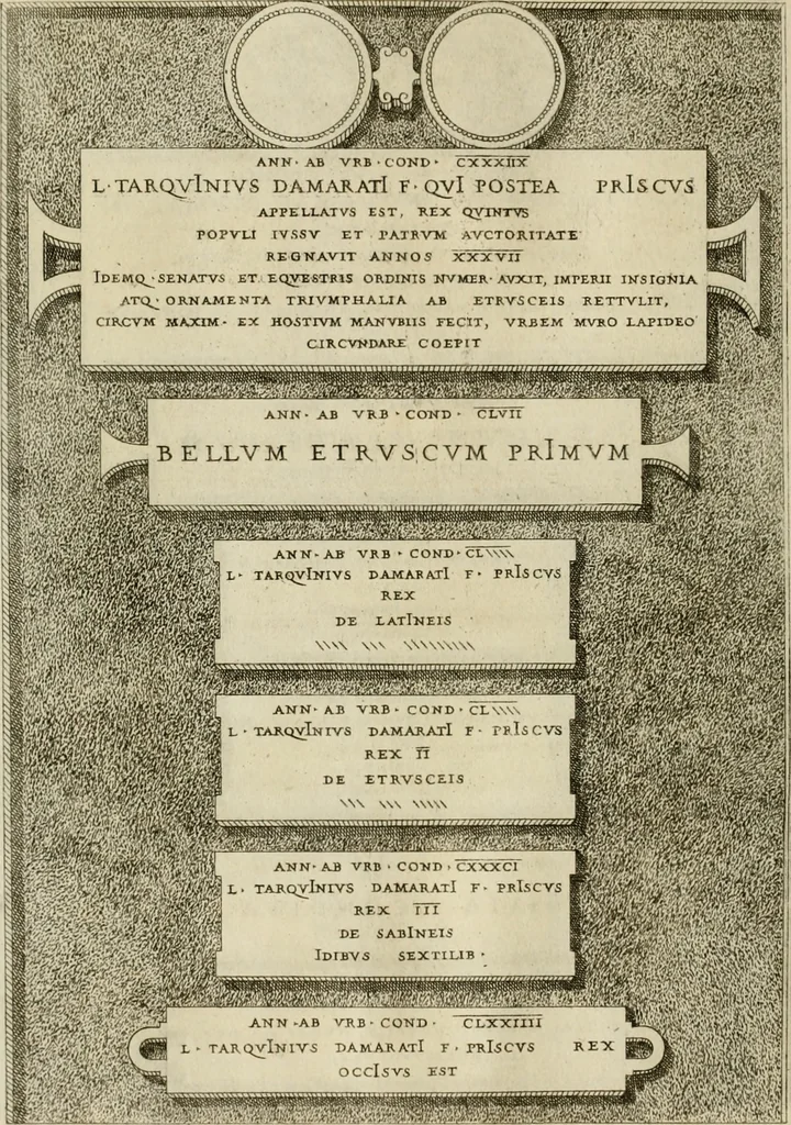 An illustration from Fastos magistratvvm et trivmphorvm Romanorvm ab vrbe condita ad Avgvsti obitvm, ex antiqvis tam nvmismatvm qvam marmorvm monvmentis restitvtos, 1566, leaf 35